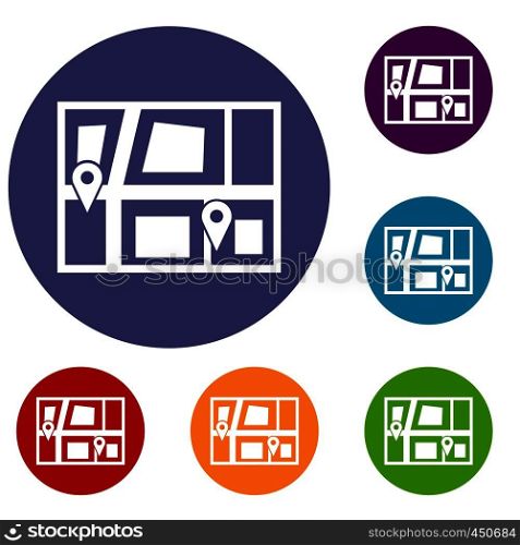 Geo location of taxi icons set in flat circle reb, blue and green color for web. Geo location of taxi icons set