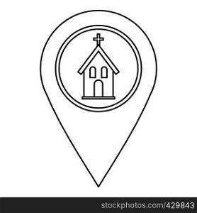 Geo tag with church symbol icon. Outline illustration of geo tag with church symbol vector icon for web. Geo tag with church symbol icon, outline style
