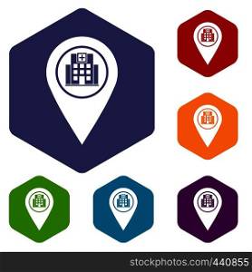 Geo tag with hospital building sign icons set hexagon isolated vector illustration. Geo tag with hospital building icons set hexagon