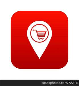 Geo tag with shopping cart symbol icon digital red for any design isolated on white vector illustration. Geo tag with shopping cart symbol icon digital red