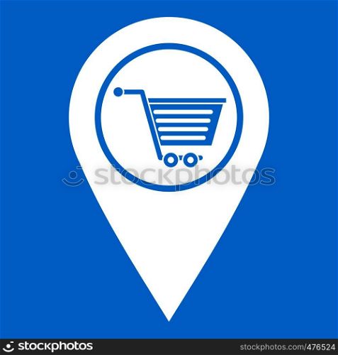 Geo tag with shopping cart symbol icon white isolated on blue background vector illustration. Geo tag with shopping cart symbol icon white