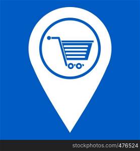 Geo tag with shopping cart symbol icon white isolated on blue background vector illustration. Geo tag with shopping cart symbol icon white