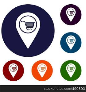 Geo tag with shopping cart symbol icons set in flat circle red, blue and green color for web. Geo tag with shopping cart symbol icons set
