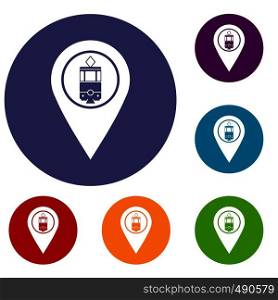 Geo tag with tram sign icons set in flat circle red, blue and green color for web. Geo tag with tram sign icons set