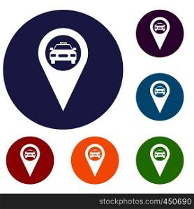 Geo taxi icons set in flat circle reb, blue and green color for web. Geo taxi icons set