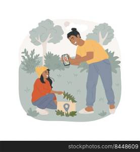 Geocaching isolated cartoon vector illustration. Outdoor recreational activity, child and adult opening a box, using mobile phone gps, treasure-hunting in nature, family travel vector cartoon.. Geocaching isolated cartoon vector illustration.
