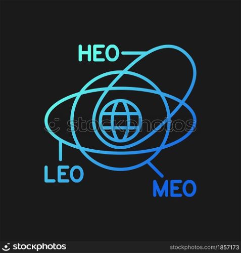 Geocentric Orbit type satellites gradient vector icon for dark theme. Rotation in geostationary orbit. Thin line color symbol. Modern style pictogram. Vector isolated outline drawing. Geocentric Orbit type satellites gradient vector icon for dark theme
