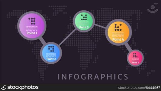Geographic dark theme world map infographic chart design template. Editable abstract infochart. Instructional graphics with 5 point sequence. Visual data presentation. Merriweather Sans font used. Geographic dark theme world map infographic chart design template