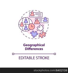 Geographical differences concept icon. IT staffing service disadvantage abstract idea thin line illustration. Isolated outline drawing. Editable stroke. Arial, Myriad Pro-Bold fonts used. Geographical differences concept icon