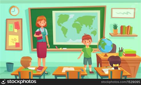 Geography class, teacher and pupils in room. Schoolboy showing country on globe. Woman teaching geography lesson with map on blackboard. School with children, education concept vector illustration. Geography class, teacher and pupils in room. Schoolboy showing country on globe. Woman teaching geography lesson