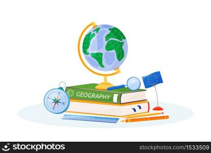 Geography flat concept vector illustration. School subject. Natural science learning metaphor. Study of earth. Student textbook, world globe and compass items 2D cartoon objects. Geography flat concept vector illustration