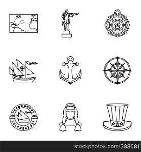 Geography icons set. Outline illustration of 9 geography vector icons for web. Geography icons set, outline style