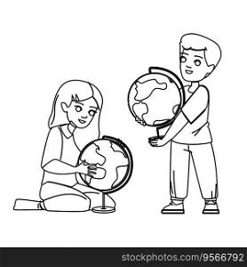 geography kid vector. school globe, world education, study cute, map boy, girl class geography kid character. people black line illustration. geography kid vector