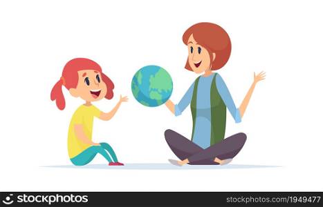 Geography lesson. Girl, teacher and globe, woman tell about planet. Young traveler or explorer new lands, dreams about travel vector illustration. Education school, learning and teaching geography. Geography lesson. Girl, teacher and globe, woman tell about planet. Young traveler or explorer new lands, dreams about travel vector illustration