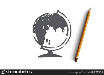 Geography, map, earth, planet, sphere concept. Hand drawn Earth globe for school education concept sketch. Isolated vector illustration.. Geography, map, earth, planet, sphere concept. Hand drawn isolated vector.