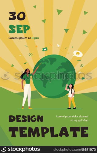 Geography teacher explaining lesson to pupil. Woman with pointer and girl at planet model flat vector illustration. School education concept for banner, website design or landing web page