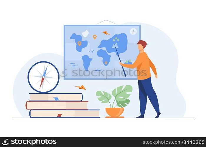 Geography teacher in class. Speaker presenting world map, using pointer near stack of books and compass. Vector illustration for education, school, travel, planet concept