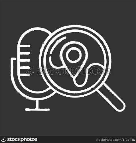 Geolocation voice request chalk icon. Location search idea. Sound control, microphone command, magnifying glass. Smart assistant, innovative technology. Isolated vector chalkboard illustration
