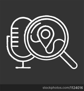 Geolocation voice request chalk icon. Location search idea. Sound control, microphone command, magnifying glass. Smart assistant, innovative technology. Isolated vector chalkboard illustration