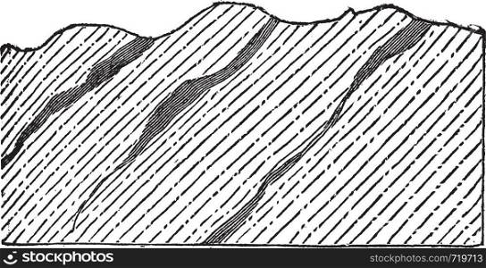 Geological Vein, illustration showing gneiss (unshaded) separated diagonally by auriferous quartz (shaded), vintage engraved illustration. Trousset encyclopedia (1886 - 1891).