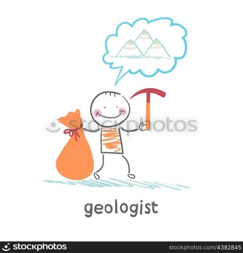 Geologist holding a hammer and a bag and thinks about mountains