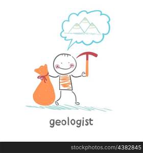 Geologist holding a hammer and a bag and thinks about mountains