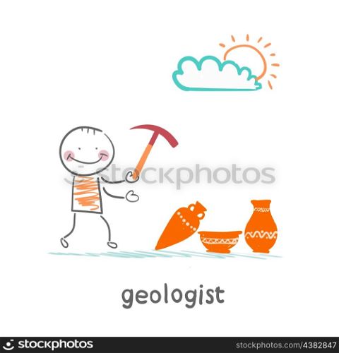Geologists hold a hammer and stands near the ancient utensils