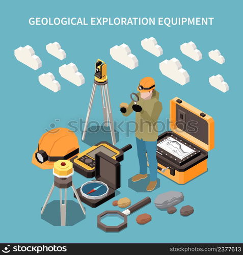 Geology earth exploration isometric concept with geological exploration equipment description and different tools and elements for work vector illustration. Geology Earth Exploration Isometric Concept