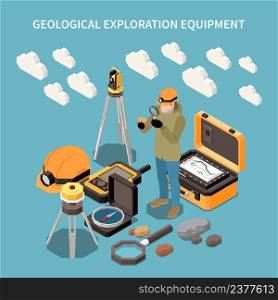 Geology earth exploration isometric concept with geological exploration equipment description and different tools and elements for work vector illustration. Geology Earth Exploration Isometric Concept