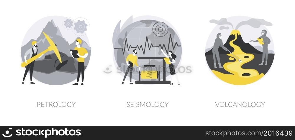 Geology science abstract concept vector illustration set. Petrology, seismology and volcanology, mineral, exploration, earthquake environmental effect, tectonic movement, Earth abstract metaphor.. Geology science abstract concept vector illustrations.
