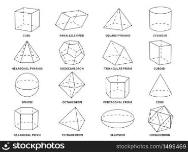 Geometric 3d line shapes. Geometry linear forms triangle, tetrahedron and cone, sphere and pyramid, hexagonal and prism objects vector education set. Geometric 3d line shapes. Geometry linear forms triangle, tetrahedron and cone, sphere and pyramid, hexagonal and prism objects vector set