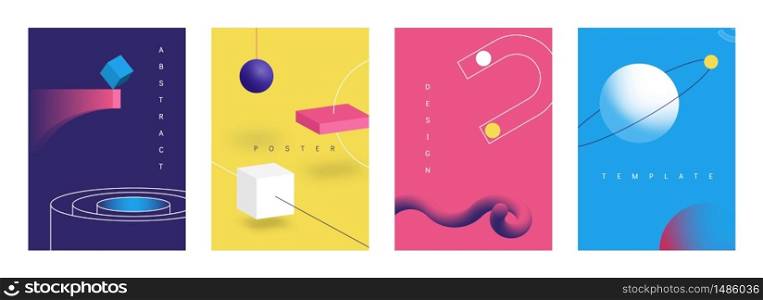 Geometric 3D posters. Abstract retro futuristic banners with bright geometry art objects, brochure collections with technology shapes. Vector set geometrical illustration backgrounds. Geometric 3D posters. Abstract retro futuristic banners with bright geometry art objects, brochure collections with technology shapes. Vector set