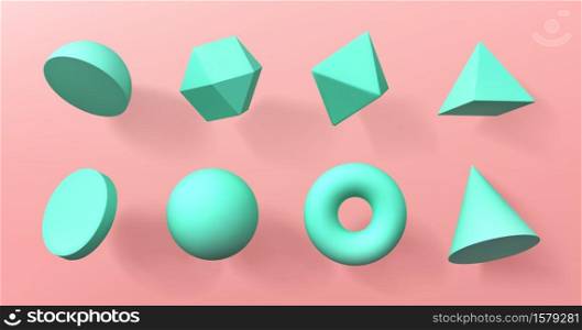 Geometric 3d shapes hemisphere, octahedron, sphere and torus, cone, cylinder and pyramid with icosahedron. Basic voluminous geometry figures for education, Realistic vector illustration, icons set. Geometric 3d shapes, voluminous geometry figures