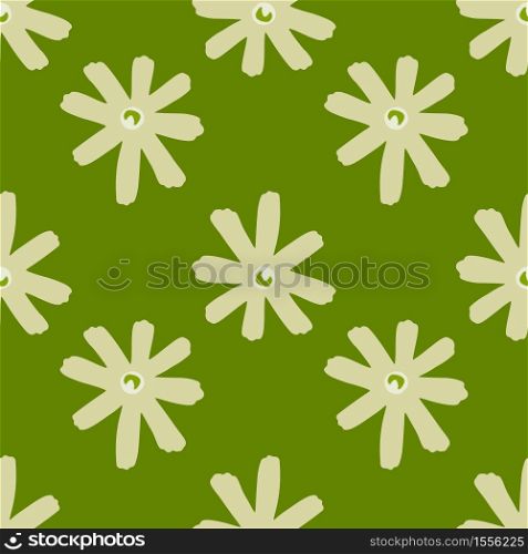 Geometric abstract floral seamless pattern with daisy flowers. Green background and beige botanic elements.Perfect for wallpaper, wrapping paper, textile print, fabric. Vector illustration.. Geometric abstract floral seamless pattern with daisy flowers. Green background and beige botanic elements. Stylized artwork.