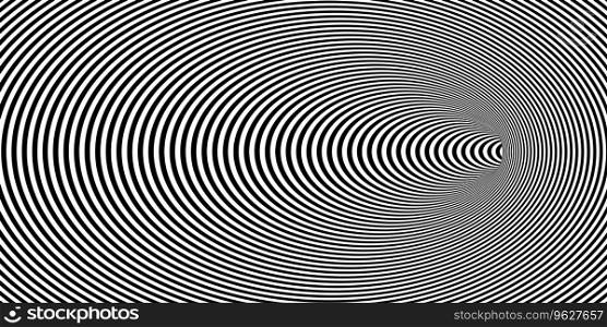 Geometric abstract hypnotic wormhole tunnel. Optical Illusion background. Black and white pattern, spherical volume. Vector illustration