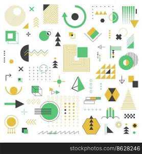 Geometric and abstract patterns and prints, isolated shapes and forms. Lines and dots, circles and squares, triangle and arrows. Minimalist wallpaper or background design. Vector in flat style. Abstract prints and patterns, geometric shapes