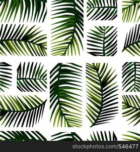 Geometric arrangement palm leaves. Exotic layout disposition green jungle Seamless vector pattern art wallpaper on the white background