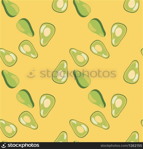 Geometric avocado seamless pattern on yellow background. Vegetarian healthy food wallpaper. Design for fabric, textile print, wrapping paper, kitchen textiles. Trendy vector illustration. Geometric avocado seamless pattern on yellow background.