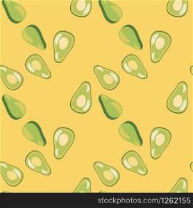 Geometric avocado seamless pattern on yellow background. Vegetarian healthy food wallpaper. Design for fabric, textile print, wrapping paper, kitchen textiles. Trendy vector illustration. Geometric avocado seamless pattern on yellow background.