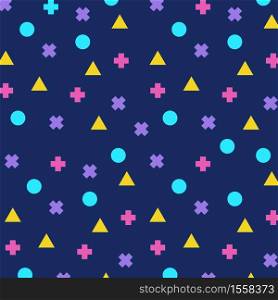 Geometric background with different colorful geometric shapes. Bright Background with triangles, circles and cross in memphis style. Vector seamless pattern.. Geometric background with different colorful geometric shapes. Bright Background with triangles, circles and cross in memphis style.