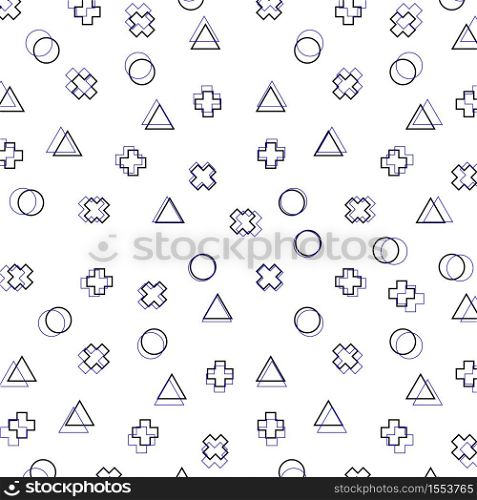 Geometric background with different lines geometric shapes. Explosion Background with triangles, circles and cross in Memphis style. Trendy vector background. Geometric background with different lines geometric shapes. Explosion Background with triangles, circles and cross in Memphis style.