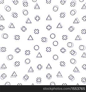 Geometric background with different lines geometric shapes. Explosion Background with triangles, circles and cross in Memphis style. Trendy vector background. Geometric background with different lines geometric shapes. Explosion Background with triangles, circles and cross in Memphis style.