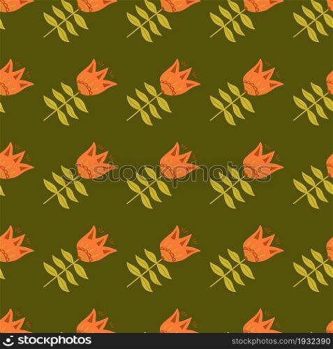 Geometric blooming flower folk art seamless pattern on green background. Floral nature wallpaper. Folklore style. For fabric design, textile print, wrapping, cover. Simple vector illustration.. Geometric blooming flower folk art seamless pattern on green background.