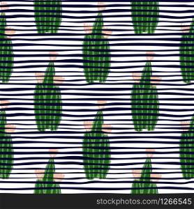 Geometric botanical exotic backdrop. Abstract cactus seamless pattern on stripes background. Cacti wallpaper. Design for fabric, textile print, wrapping paper. Creative vector illustration. Geometric botanical exotic backdrop. Abstract cactus seamless pattern on stripes background.