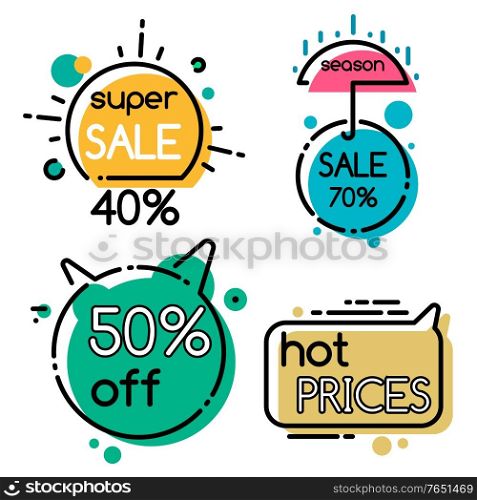 Geometric bubbles super sale and hot price set isolated on white. Colorful shopping sticker with season discount in frame. Collection of tag with holiday deal and fashion promotion banner vector. Shopping Promotion and Super Sale Sticker Vector