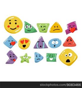 Geometric character shapes with face emotions, different cartoon basic figures. Cute colorful shapes, trendy colors, hand drawn textures, vector illustrations for children education,. Geometric character shapes with face emotions, different cartoon basic figures. Cute colorful shapes, trendy colors, hand drawn textures, vector illustrations for children education