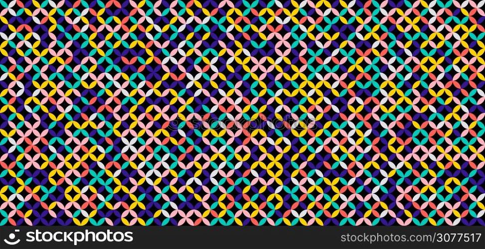 Geometric circles round flower pattern seamless colorful on black background. Vector illustration