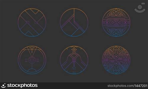 Geometric circles shapes, abstract art vector deco frames. Hipster trendy line style 1920 design. Luxury cover graphic poster brochure design. Elegant signs and icons. Mystery tribal illustration art