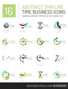 Geometric clock and time icon logo set. Thin line geometric flat style symbols or logotypes. Business time management, running time idea, timing concept