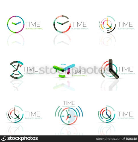 Geometric clock and time icon logo set. Thin line geometric flat style symbols or logotypes. Business time management, running time idea, timing concept